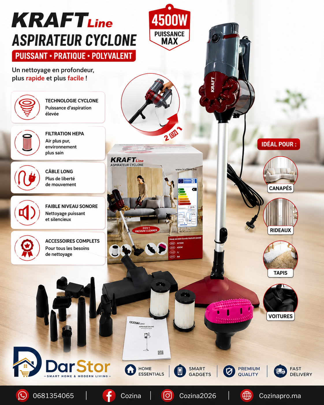 Aspirateur KRAFTLINE 15 en 1 – Puissance 4500 W | Nettoyage professionnel dans chaque recoin de votre maison ✨