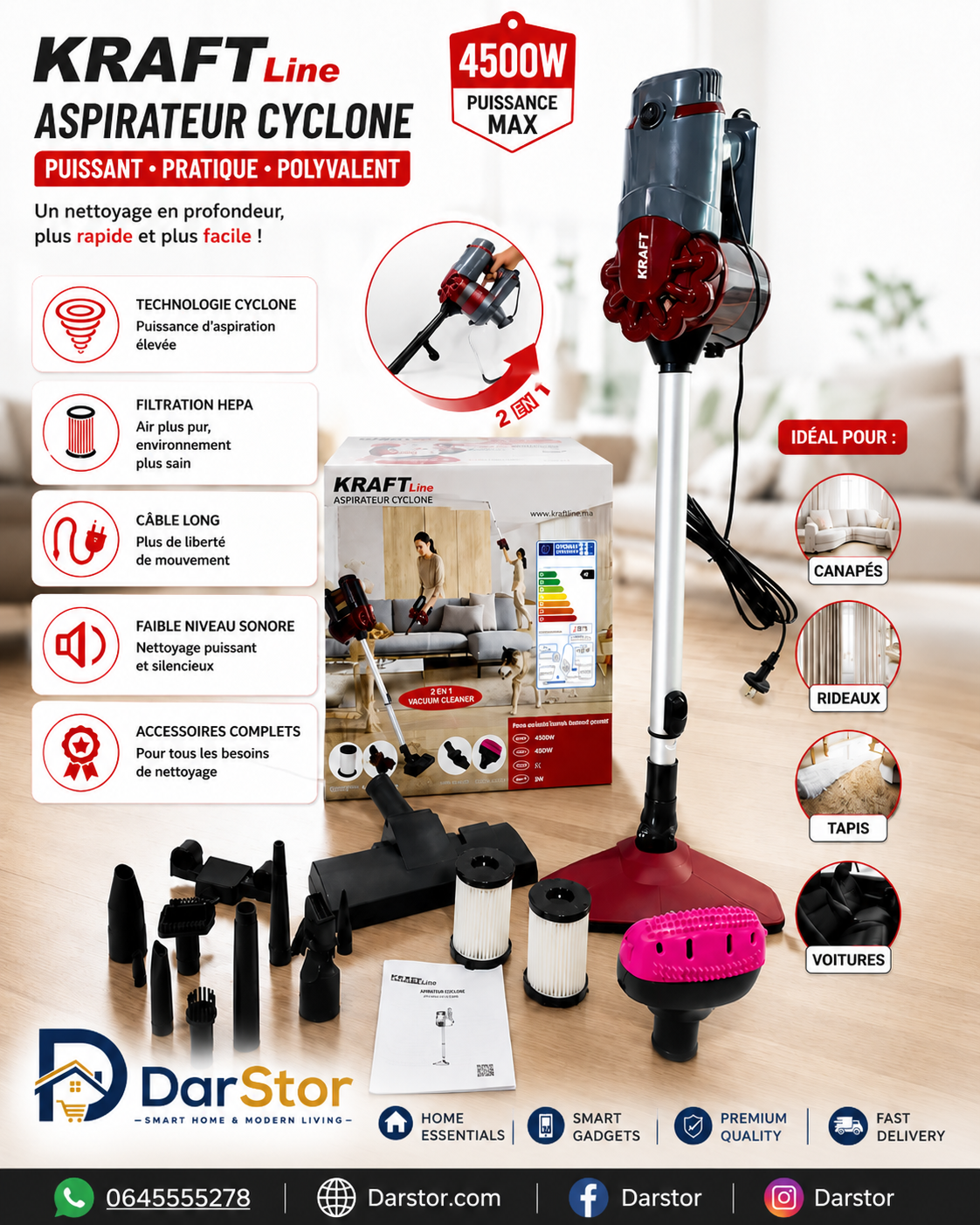 Aspirateur KRAFTLINE 15 en 1 – Puissance 4500 W | Nettoyage professionnel dans chaque recoin de votre maison ✨